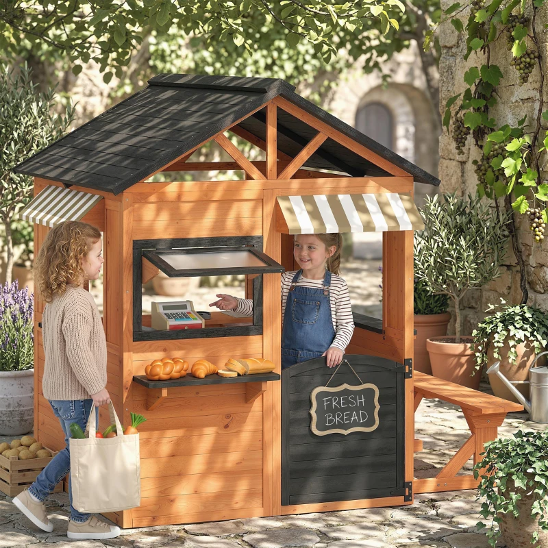 AIYAPLAY Cabane enfant extérieur en bois, maison enfant extérieur/intérieur avec cuisine de jeu, fenêtres, porte et banc, marron