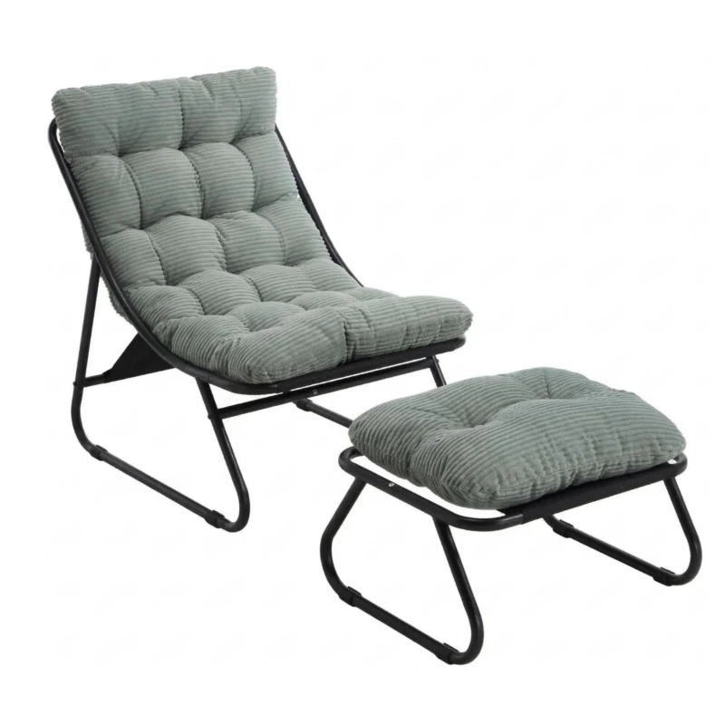 Poltrona lounge da esterno con pouf, cuscino imbottito, tessuto sling, struttura in acciaio, Verde chiaro