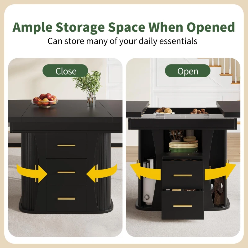 Extendable Dining Table with 3-Tier Hidden Storage and Oval Extension, Round Kitchen Table for 6 People, 118-158L x 118W x 77H cm, Black