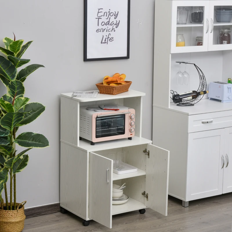 HOMCOM Armário Auxiliar para Micro-ondas Armário de Cozinha Baixo com Armário de 2 Portas e Prateleira Ajustável com Rodas Carga 70 kg 60,4x40,3x97 cm Branco