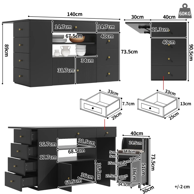 Adjustable Kitchen Island with 2 Stools, 6-Drawer and Generous worktop, Versatile Sideboard with Open Shelves, 140L x 40W x 89H cm, Black