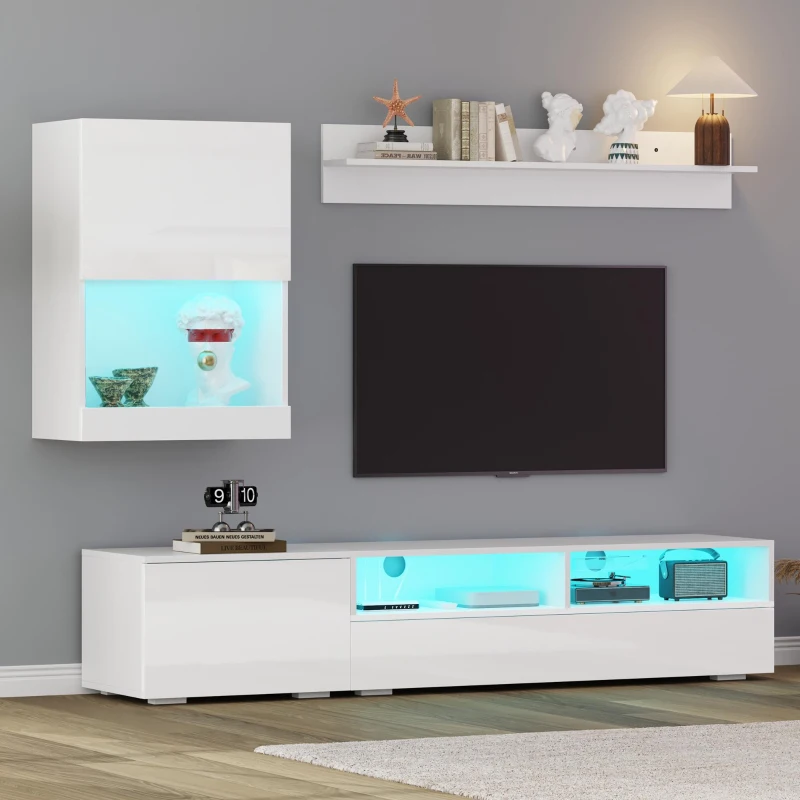 3-Piece TV Wall Unit Set with App-Controlled LED Lights, High-Gloss TV Cabinet Set for Modern Living Areas, 175L x 39W x 34H cm, White