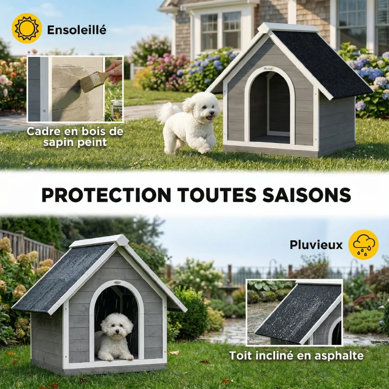 PawHut Niche pour Chien Extérieur Maison pour Chien Corps Entièrement Ouvrant pour Nettoyage Facile 84x101x86 cm Gris et Blanc