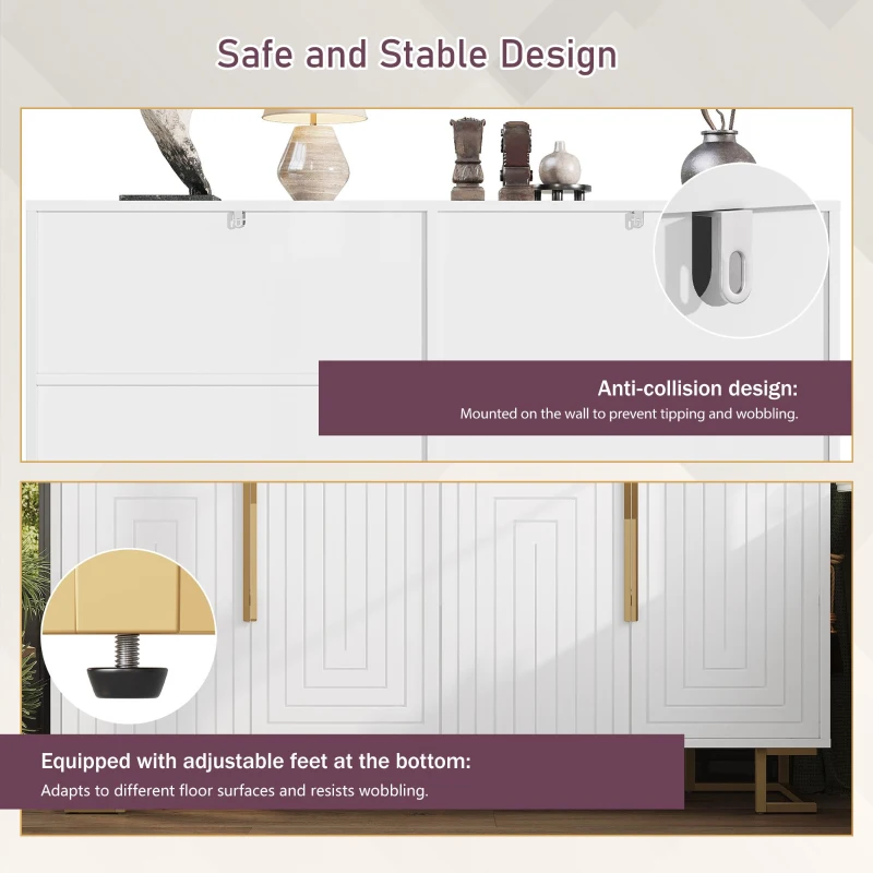 Stylish Sideboard with 2 Doors, 4 Shelves and Geometric Door Design, Durable Cabinet with Slim Metal Feet, 152L x 40W x 75H cm, White