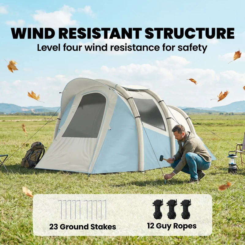 Outsunny Inflatable Camping Tent w/ Air Pump, Easy Setup 2-3 Person Blow Up Tent, Light Blue