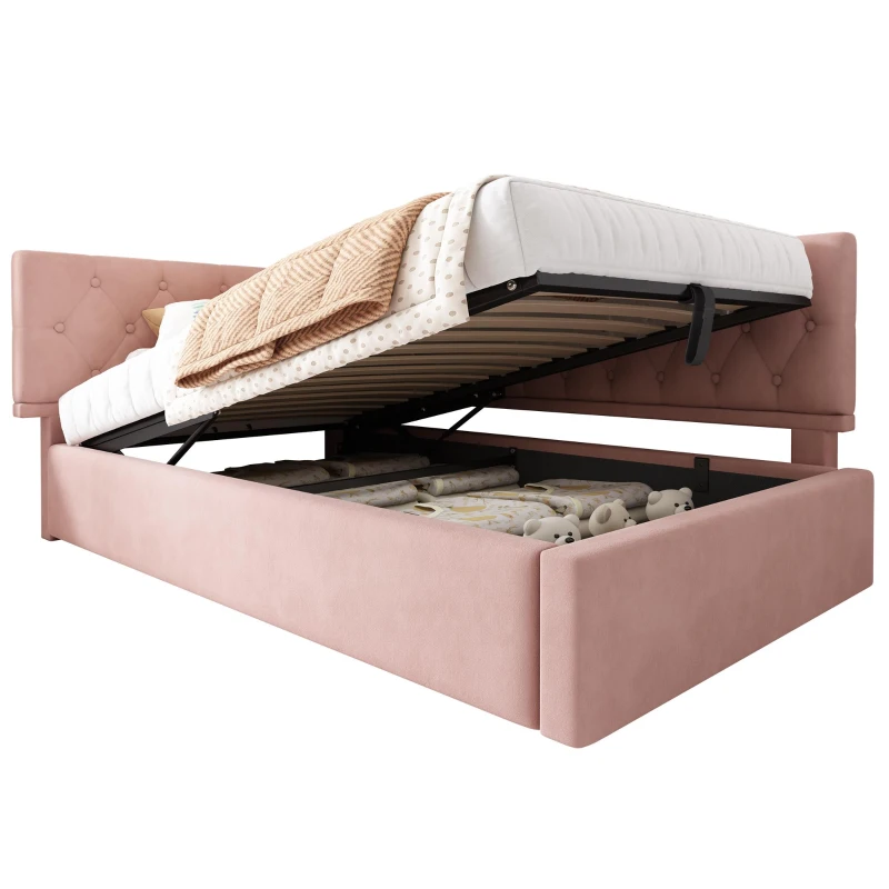Stylish Upholstered Daybed with Hydraulic Ottoman Storage, L-Shaped Single Sofa Bed with Velvet Fabric, 196L x 100W x 77H cm, Pink