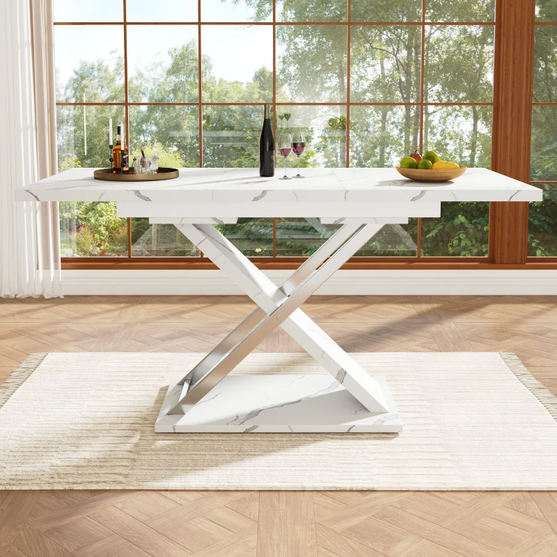 Extendable Dining Table with Locking Silent Metal Guide Rails, Space-Saving Table for 6 to 8 People, 118-157L x 75W x 76.5H cm, White