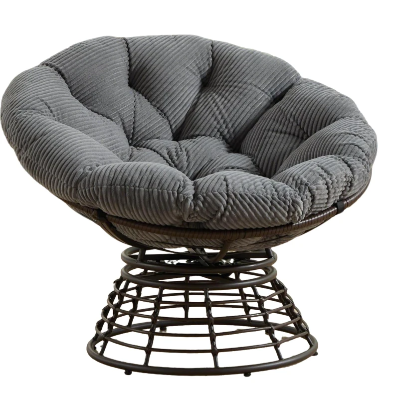 Poltrona Papasan, girevole a 360°, cuscino spesso(tessuto a coste), struttura in acciaio, 92x92x67 cm, Grigio