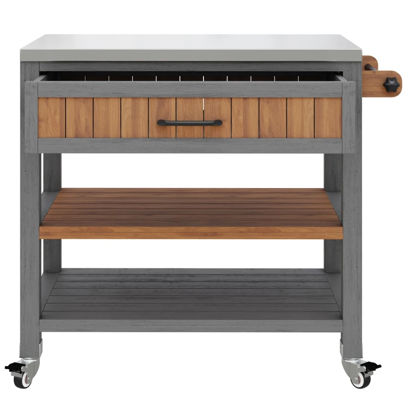 Mobile Wood Tool Cabinet with Stainless Steel Worktop, Weatherproof Barbecue Station for Outdoor Use, 80L x 51W x 91.5H cm, Natural