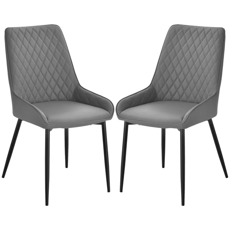 HOMCOM Set Of 2 Quilted PU Leather Dining Chairs with Metal Frame 4 Legs Foot Caps Home Seating Modern Stylish Executive Grey