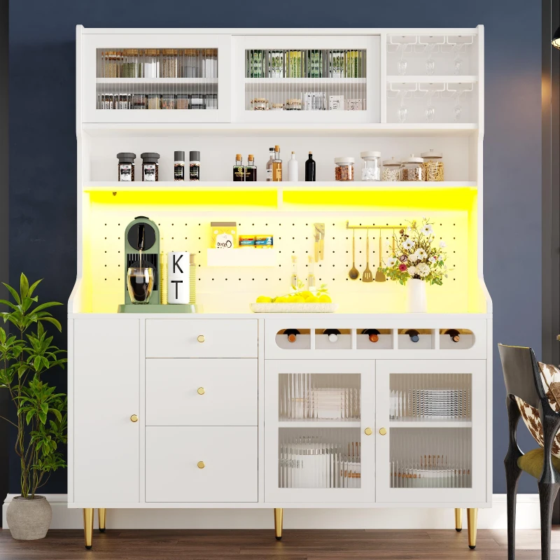 Freestanding Highboard with LED Lighting & Pull-Out Wine Rack, Tall Storage Cabinet with Sliding Glass Doors, 145L x 39W x 171H cm, White