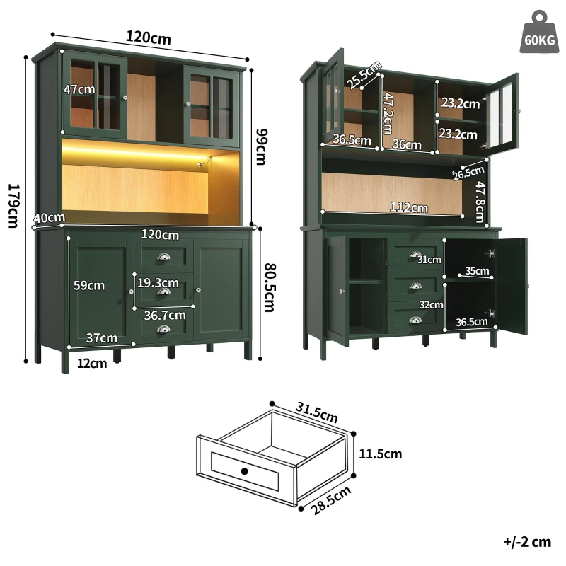 Smart Storage Cabinet with 4 Doors & 3 Drawers, Tall Sideboard with App-Controlled USB LED Lighting, 120L x 40W x 179H cm, Green