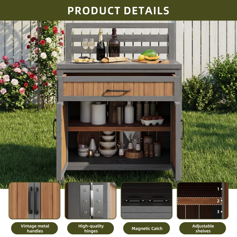 Solid Fir Wood Garden Storage Cabinet with Large Work Surface, Weather-Resistant Grill Station for Outdoor Use, 80L x 51W x 119H cm, Natural