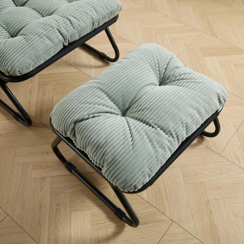Poltrona lounge da esterno con pouf, cuscino imbottito, tessuto sling, struttura in acciaio, Verde chiaro