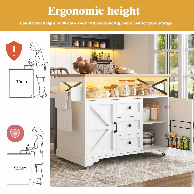 Mobile Kitchen Island with Drop-Leaf Table and Multi-Tier Snack Shelves, Serving Cart with App-Controlled LED, 120L x 72W x 98H cm, White