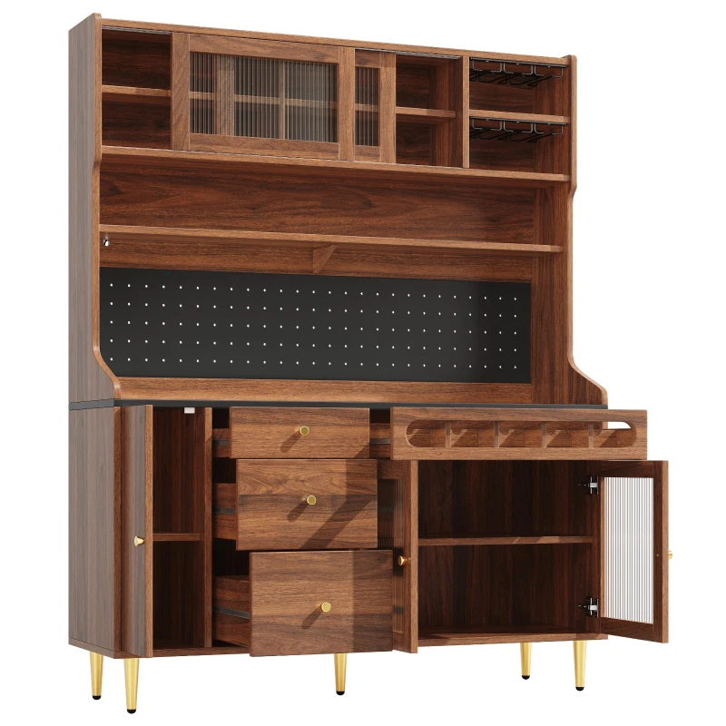 Stylish Highboard with LED Lighting & App Control, Freestanding Storage Cabinet with Adjustable Shelves, 145L x 39W x 171H cm, Walnut