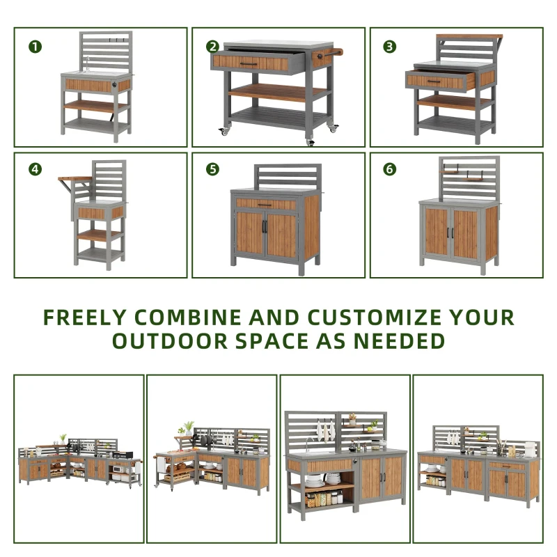 Outdoor BBQ Side Table with Stainless Steel Worktop, Mobile Garden Cabinet with Lockable Castors, 404L x 134.5W x 148.5H cm, Natural