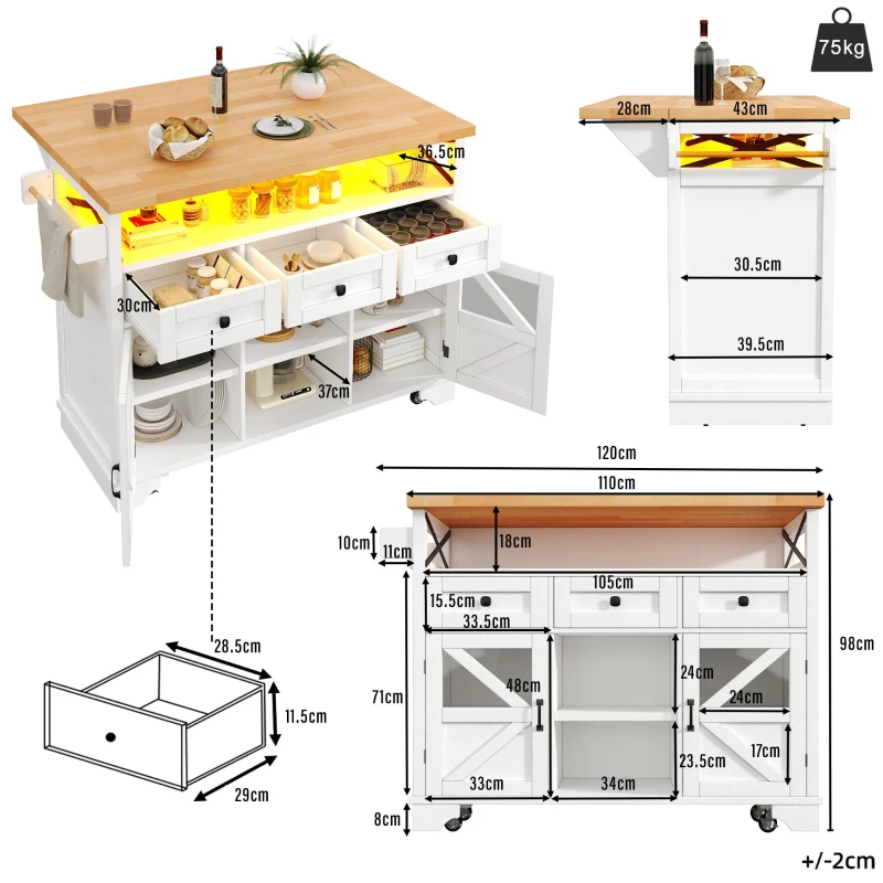 Multifunctional Kitchen Cart with 3 Drawers and 2 Glass-Front Doors, Mobile Kitchen Island with Drop-Leaf Table, 120L x 71W x 98H cm, White