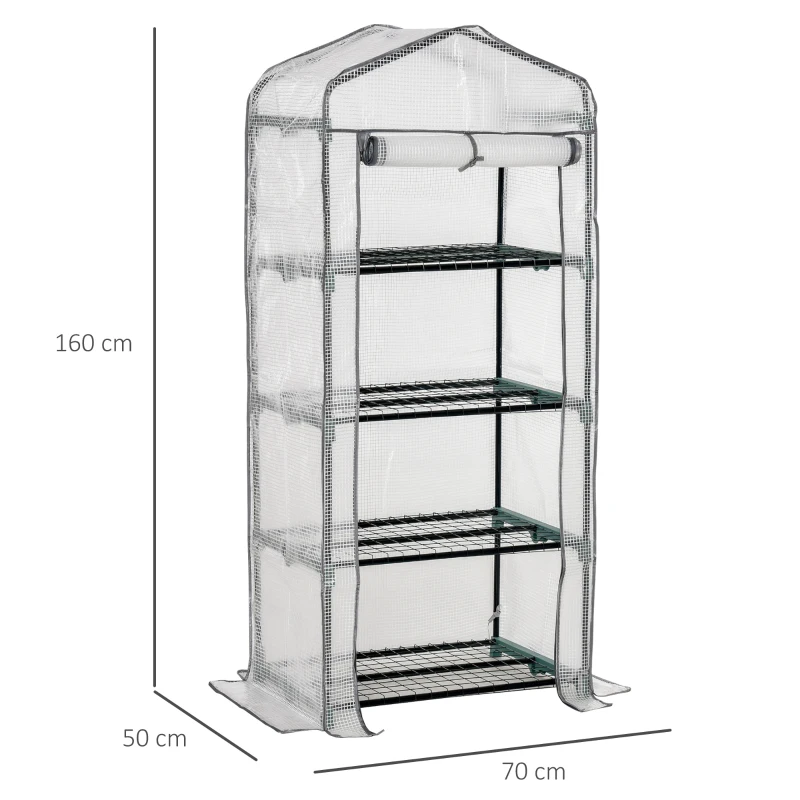 Outsunny 4 Tiers Mini Portable Greenhouse - Compact Plant Grow Shed with Metal Frame and PE Cover, 160H x 70L x 50W cm, White