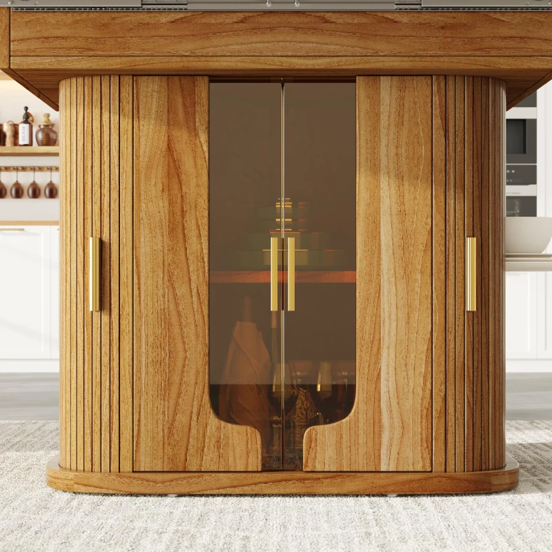 Extendable Dining Table with Hidden Storage and Glass Doors, Round Kitchen Table for 6 People, 118-158L x 118W x 77H cm, Walnut