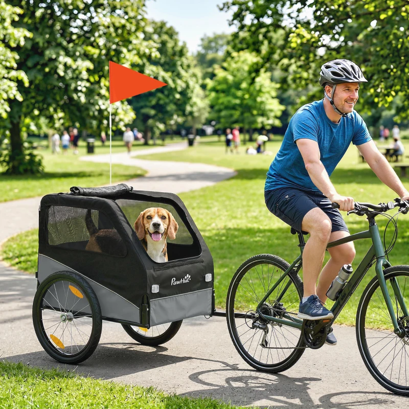 PawHut Remorque Vélo Chien avec Pneus 20", Attache Universelle, Réflecteurs, Drapeau, Laisse, 139x72x88cm, Gris et Noir