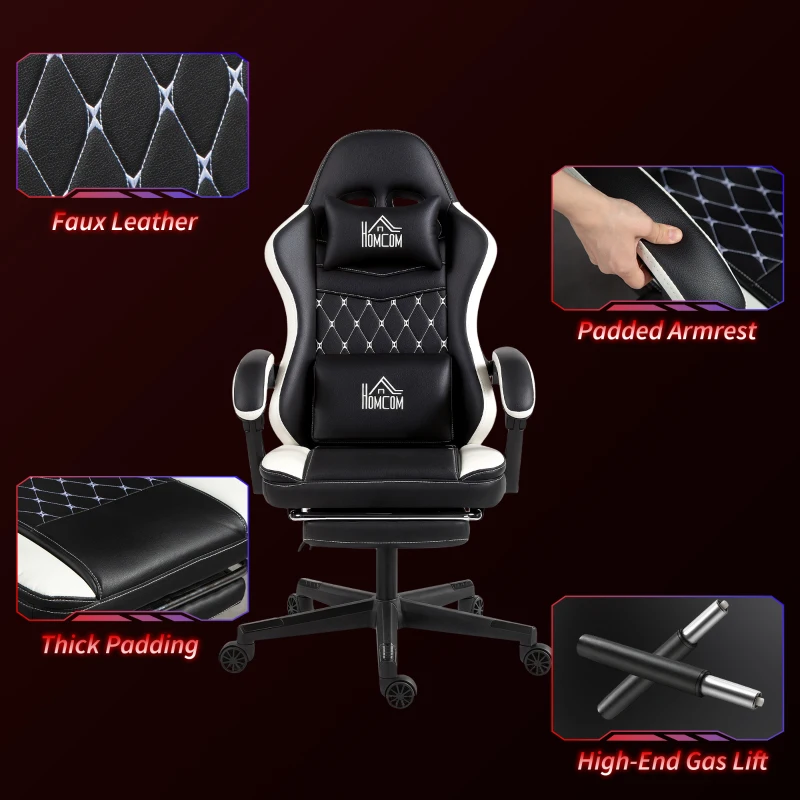 HOMCOM Fotel gamingowy z podnóżkiem, komputerowy z podparciem głowy i poduszką, obicie ze skóry ekologicznej, obrotowy, regulowany, metal, tworzywo sztuczne, czarno-biały