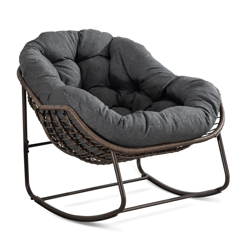 Poltrona a uovo dondolante con cuscino imbottito spesso, Interni & Esterni Poltrona a dondolo comoda, 111x94,5x80 cm, Grigio scuro