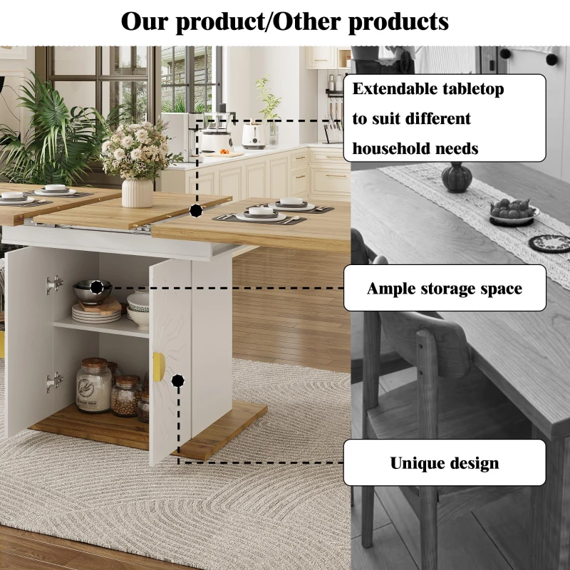 Extendable Dining Table with Leaf and Built-In Storage Shelves, Versatile Centrepiece for Open-Plan Areas, 110-140L x 70W x 76H cm, Wood