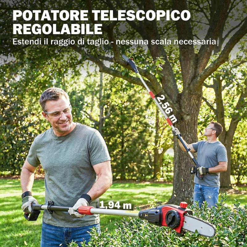 Outsunny Motosega Telescopica a Batteria, 1.94m-2.56m con Lubrificazione Automatica