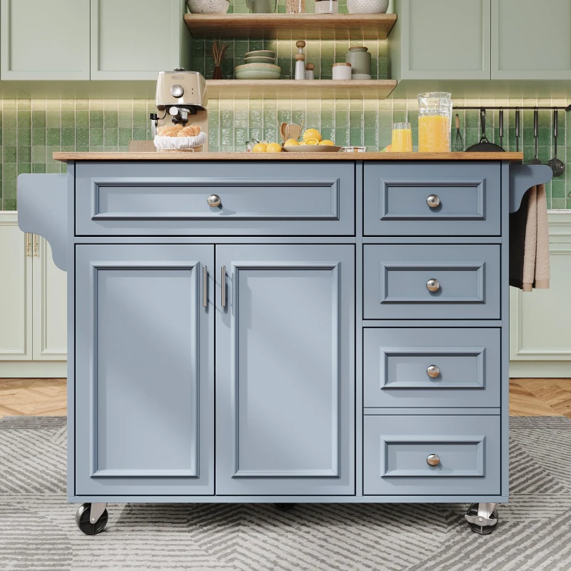 Multifunctional Kitchen Island with 3 Adjustable Shelves, Space-Saving Serving Trolley for Everyday Kitchen Use, 110L x 45-75W x 92H cm, Blue
