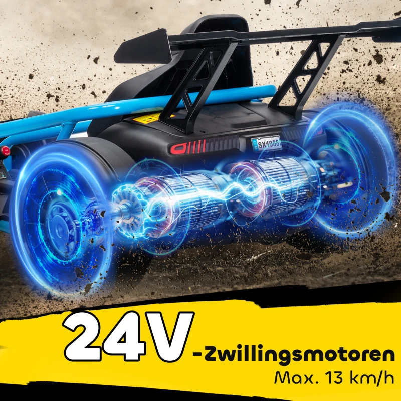AIYAPLAY 24V Elektro-Go-Kart zum Fahren und Driften, Nylon-Reifen, Sicherheitsgurt, Hupe, Musik für 8-12 Jahre Blau