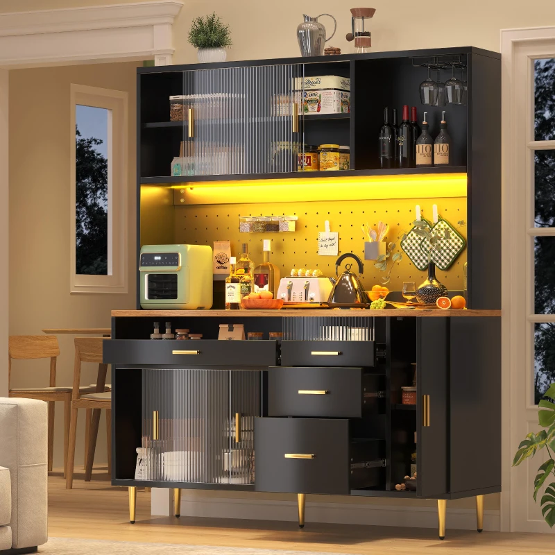 Modern Highboard with Height-Adjustable Shelves & App-Controlled LED, Tall Cabinet for Living, Dining Area, 145L x 39W x 171H cm, Black