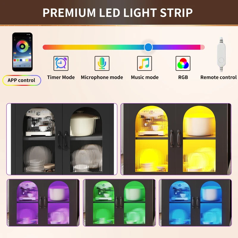 Extendable Kitchen Island with App-Controlled RGB LED Lighting, Versatile Cabinet for Dining or Preparation, 126-196L x 59W x 94H cm, Black