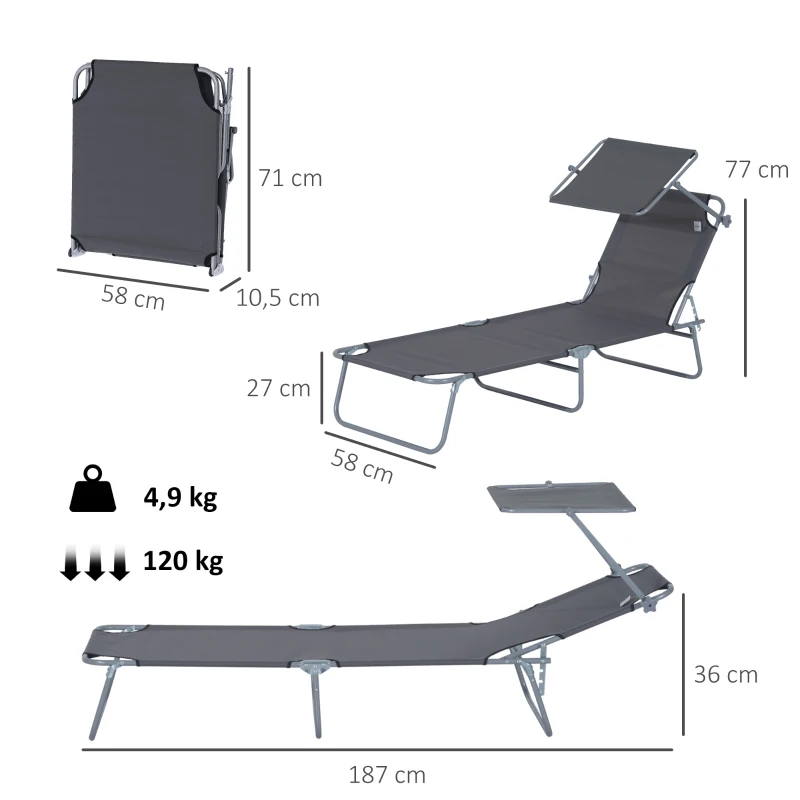 Outsunny Transat Bain de Soleil Pliable Chaise Longue Pliante Grand Confort Dossier Inclinable Multi-positions et Pare-Soleil réglable Dim. 187L x 58l x 36H cm Gris