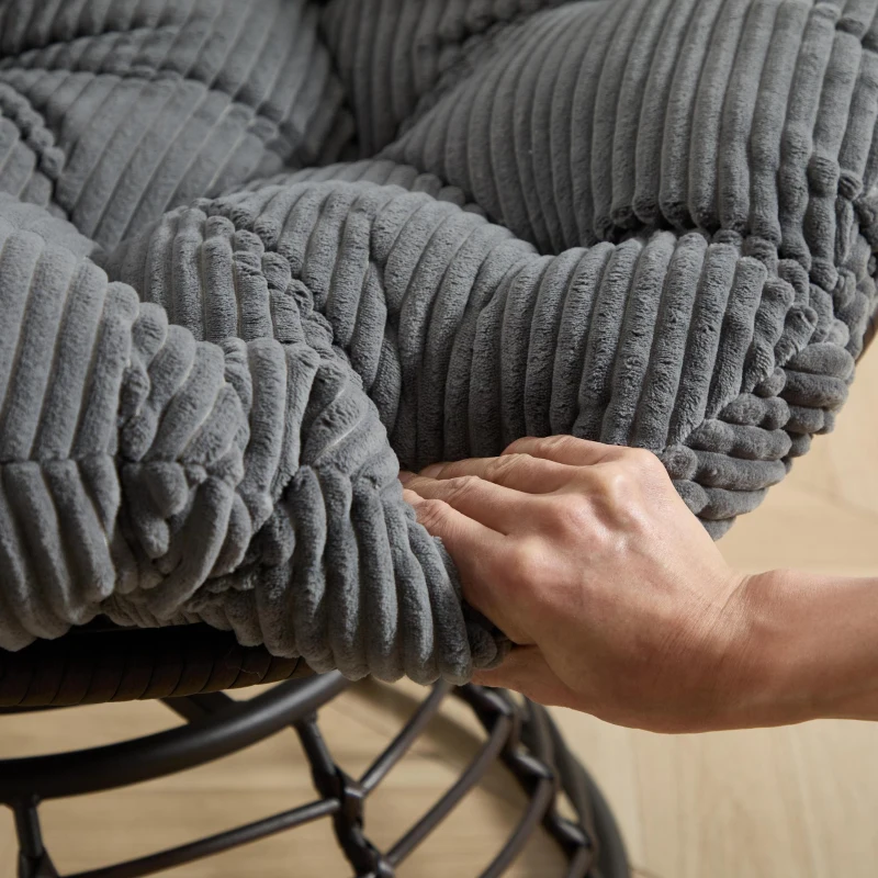 Poltrona Papasan, girevole a 360°, cuscino spesso(tessuto a coste), struttura in acciaio, 92x92x67 cm, Grigio