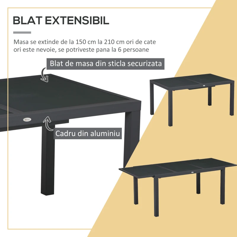 Outsunny Set de Gradina din Aluminiu 7 Piese cu Masa Dreptunghiulara Extensibila si 6 Scaune de Exterior cu Sezuta din Plasa Respirabila, Gri