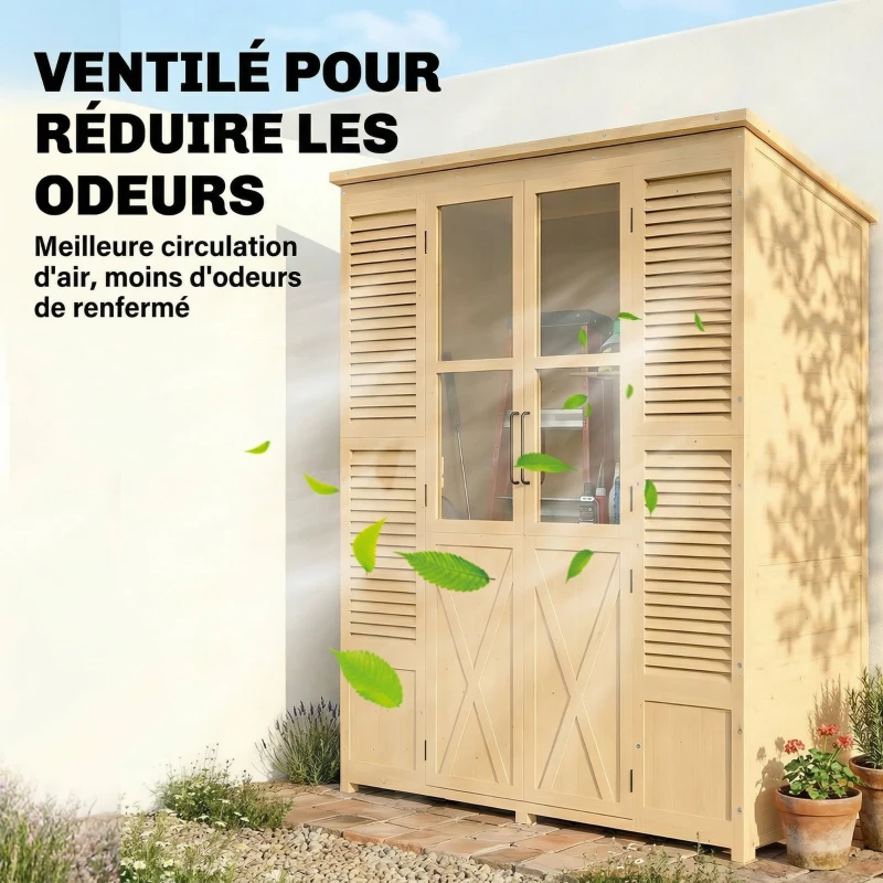 Outsunny Armoire de Jardin, 4 Fenêtres, 6 Étagères, Toit en Asphalte Hydrofuge, Ventilation à Persiennes, 147x68x198cm, Naturel