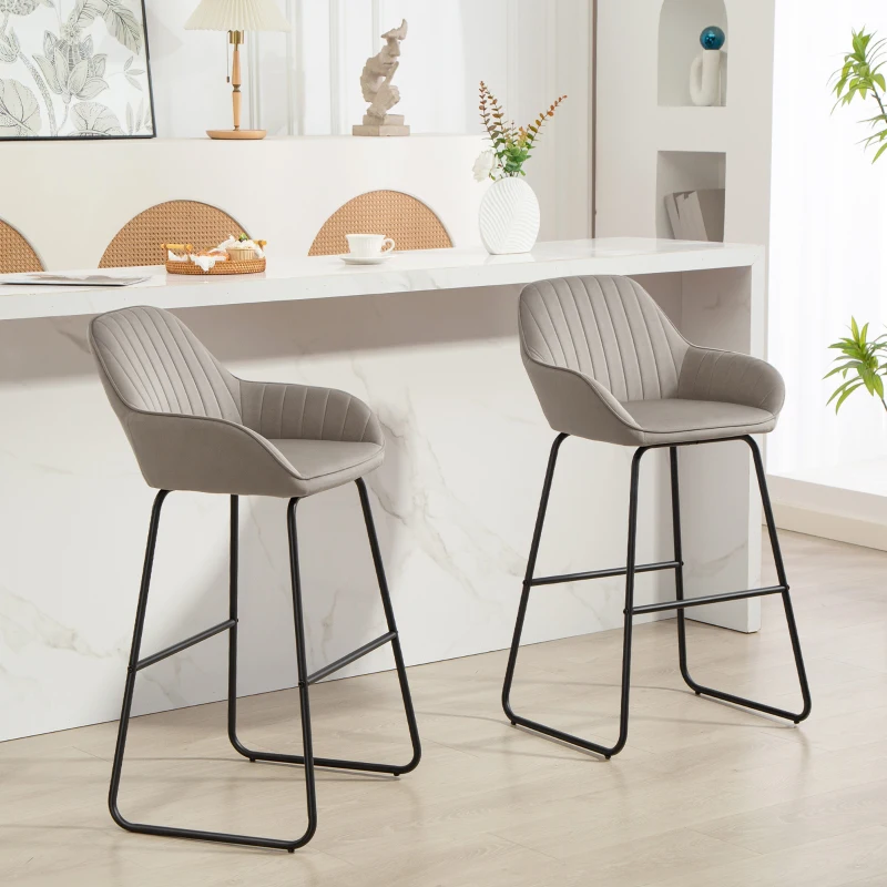 HOMCOM Bar Stools Set of 2, Velvet Upholstered Breakfast Barstools with Footrest and Armrest, Kitchen High Stools with Metal Legs for Home Bar, Kitchen Islands, Grey