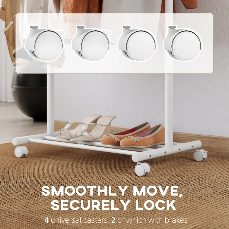 HOMCOM Stand Cuier de Podea cu Roți, 5 Cârlige și Raft Inferior pentru Încălțăminte, Alb