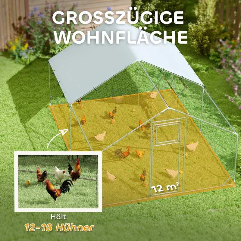 PawHut Hühnerstall, Freilaufgehege für Hühner, mit UV-beständiger Plane, Stahlgitter, Futterautomat, für 12-18 Hühner