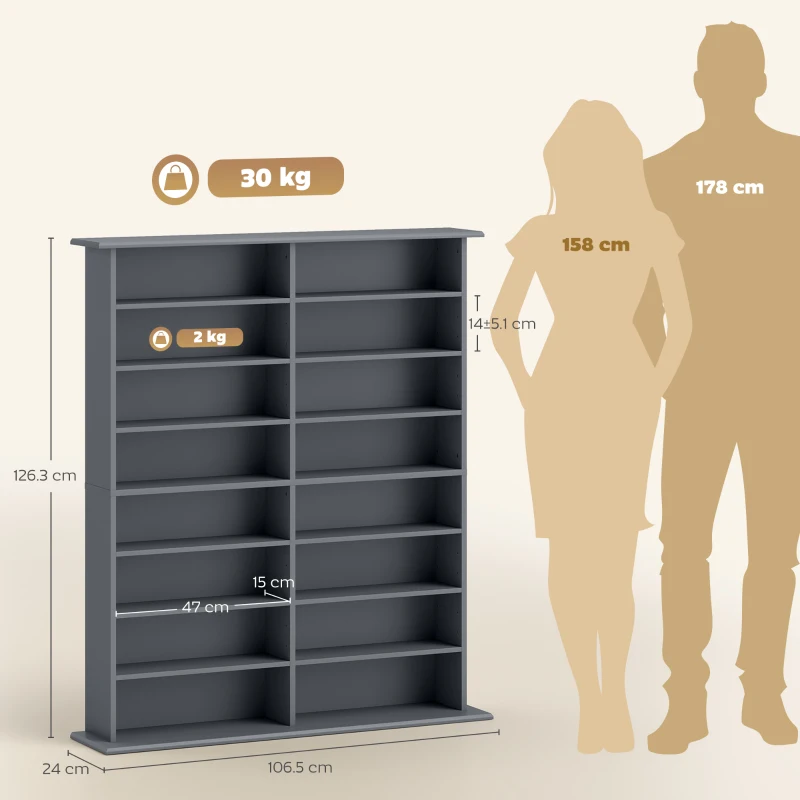 HOMCOM Libreria per CD e DVD con 16 Scomparti e 12 Ripiani Regolabili, Capienza Max. 720 CD/396 DVD e Blu-ray, Grigio