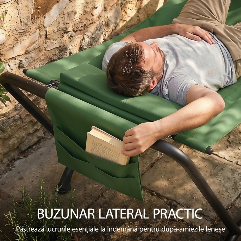 Outsunny Hamac de Grădină cu Suport, Buzunar Lateral și Tetieră, din Metal și Poliester, 237x90x92 cm, Verde Închis