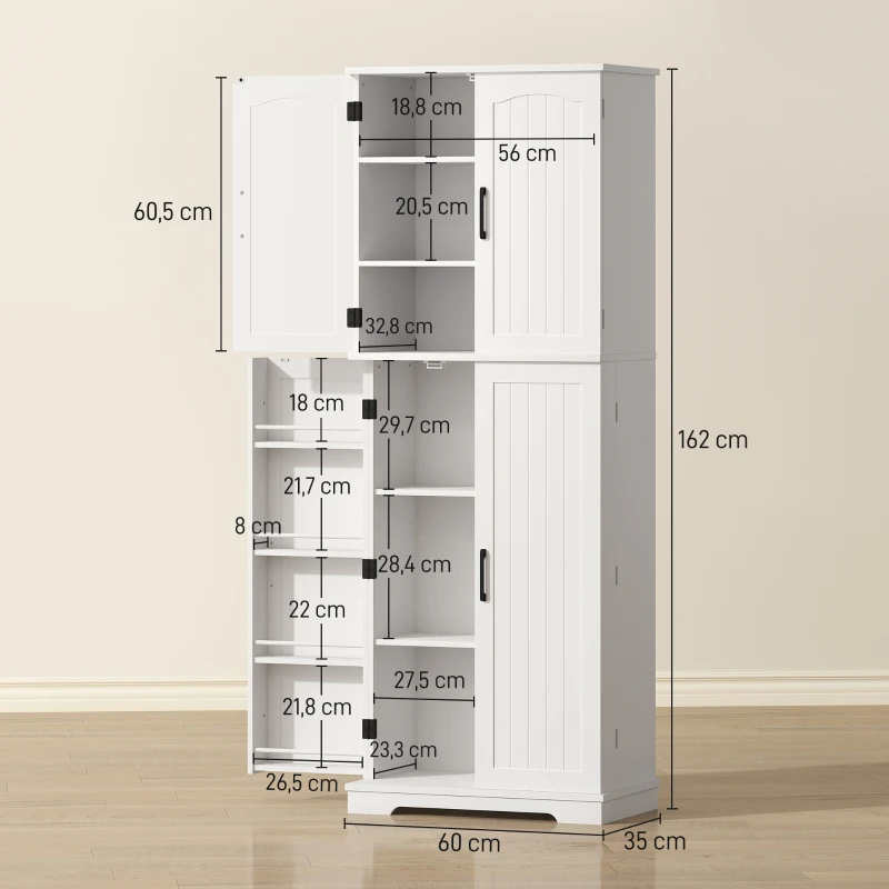 HOMCOM Buffet haut cuisine, armoire de cuisine, 4 portes, 10 niches, 8 porte-épices et étagères réglables, 60x35x162cm, blanc(m-3)
