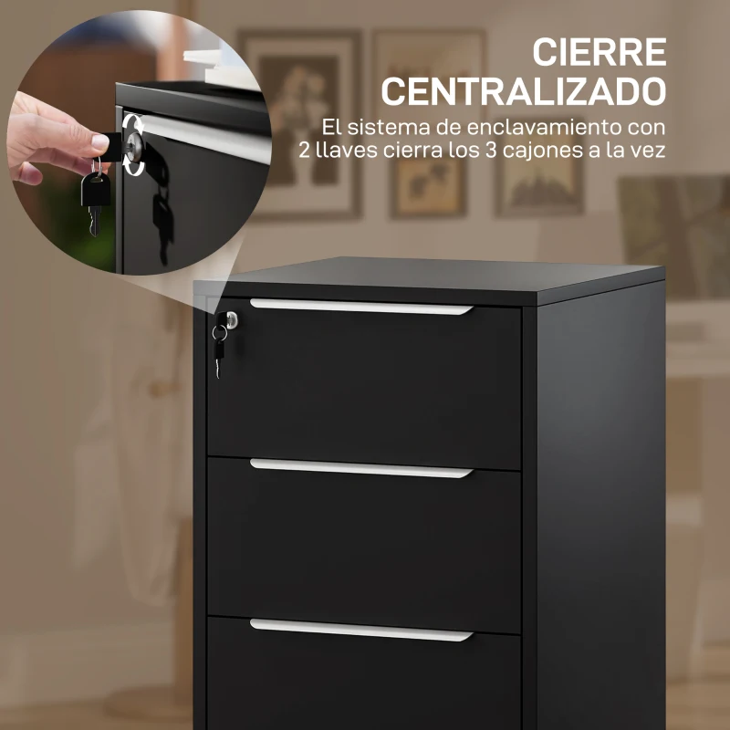 HOMCOM Cajonera de Escritorio con 3 Cajones Ruedas Cerradura y 2 Llaves para Estudio Salón 40x40x63,5 cm Negro