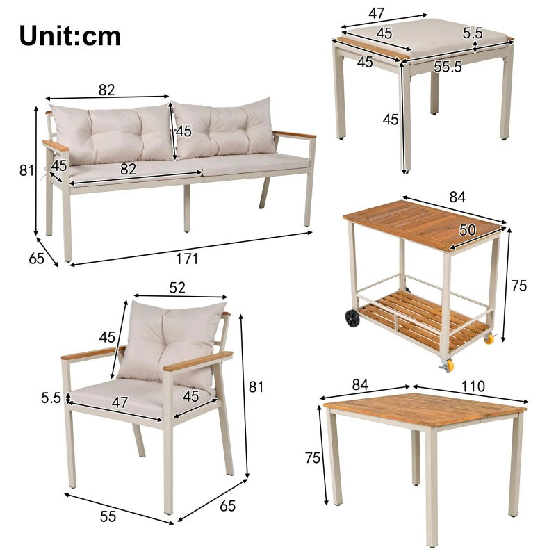 Set tavolo e sedie da pranzo per giardino 6-7 posti, mobili da giardino con poltrone e carrello portavivande rimovibile, Beige+Colore naturale