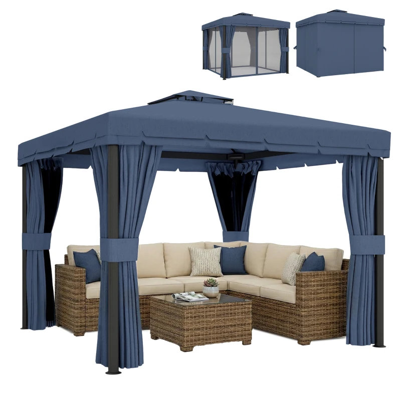 Outsunny 3 x 3(m) Patio Gazebo Canopy Garden Pavilion Tent Shelter Marquee with 2 Tier Roof, Netting and Curtains, Dark Blue