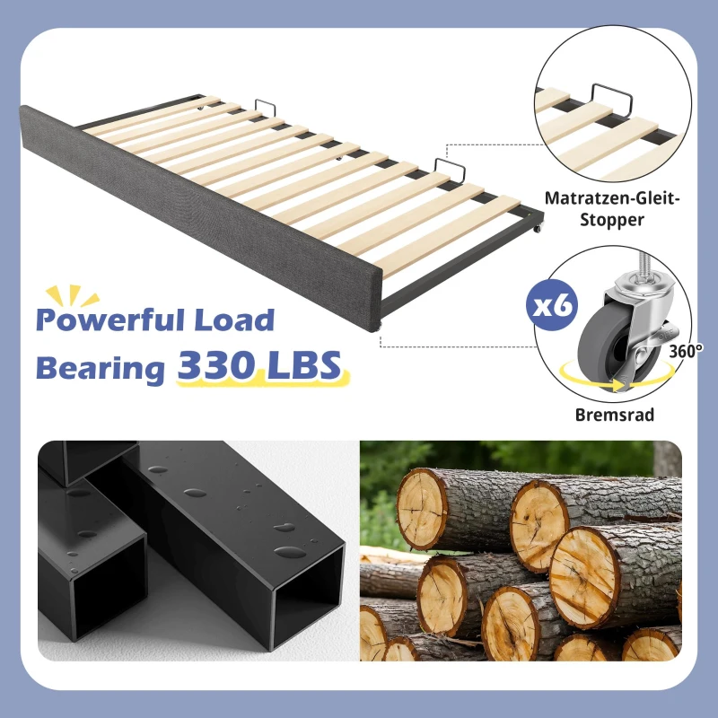 Upholstered Daybed with Pull-Out Trundle & Removable Front Rail, Space-Saving Sofa Bed for Compact Flats, 197L x 99W x 70H cm, Grey