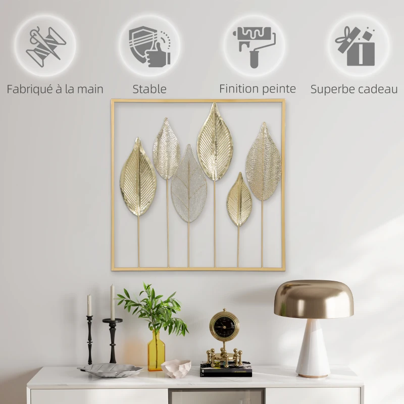 HOMCOM Décoration murale en métal moderne, sculpture murale en métal en forme de feuille, 70 x 70 cm, doré
