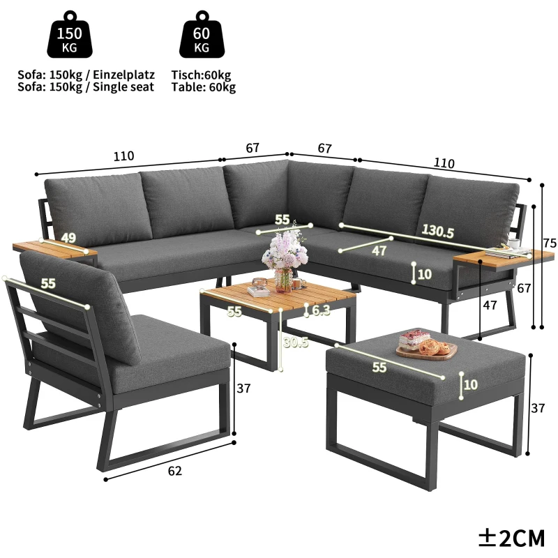 L-Shaped Garden Sofa Set with Galvanised Iron Frame, Comfortable Garden Lounge Set with Wooden Armrests, 110L x 62W x 75H cm, Gray