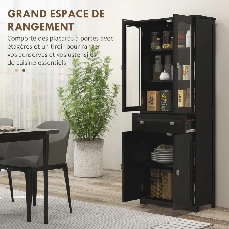HOMCOM Buffet haut armoire de cuisine 4 portes dont 2 portes vitrées et 1 tiroir hauteur 160 cm avec étagères en bois noir